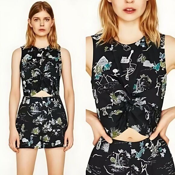 Zara Black Cut Out Tropical Island Print Black Romper Shorts - Picture 1 of 8
